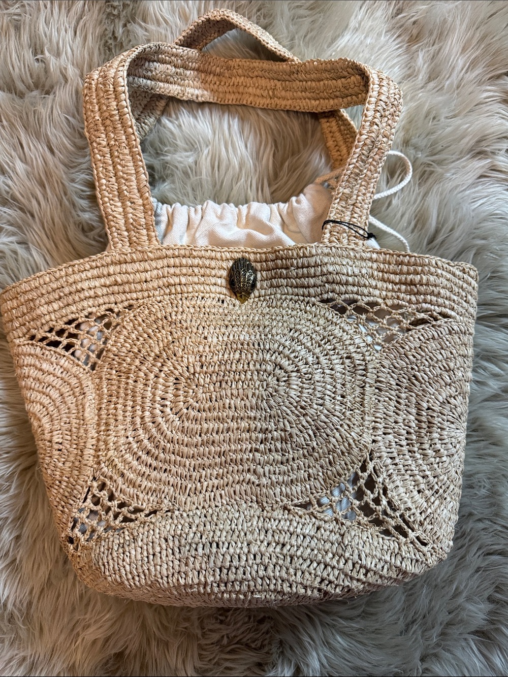 Kurt Geiger Natural Beige Handwoven Straw Tote with Drawstring